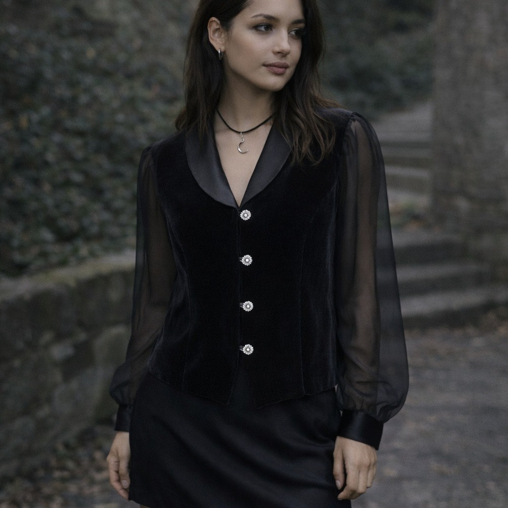 Y2K Whimisigoth Velour Sheer Sleeve Dark Romantic Blazer, Medium
